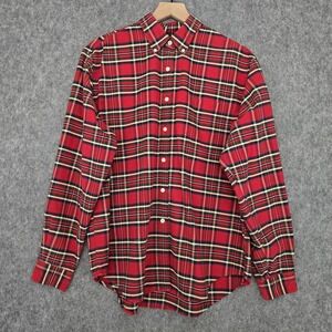 Vintage Lands End Shirt Womens L Red Plaid Button Front Long Sleeve Cotton 90s